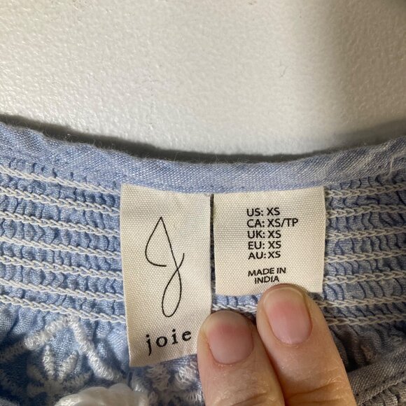 Womens Joie Boho Embroidered Linen Tunic Light Blue XS V Tie Neck Long Sleeve - Picture 7 of 10